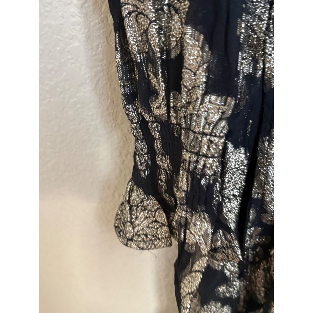 NWT Anthropologie Metallic Floral Mini Dress Black Gold XS Long Sleeve V-Neck - Picture 5 of 10
